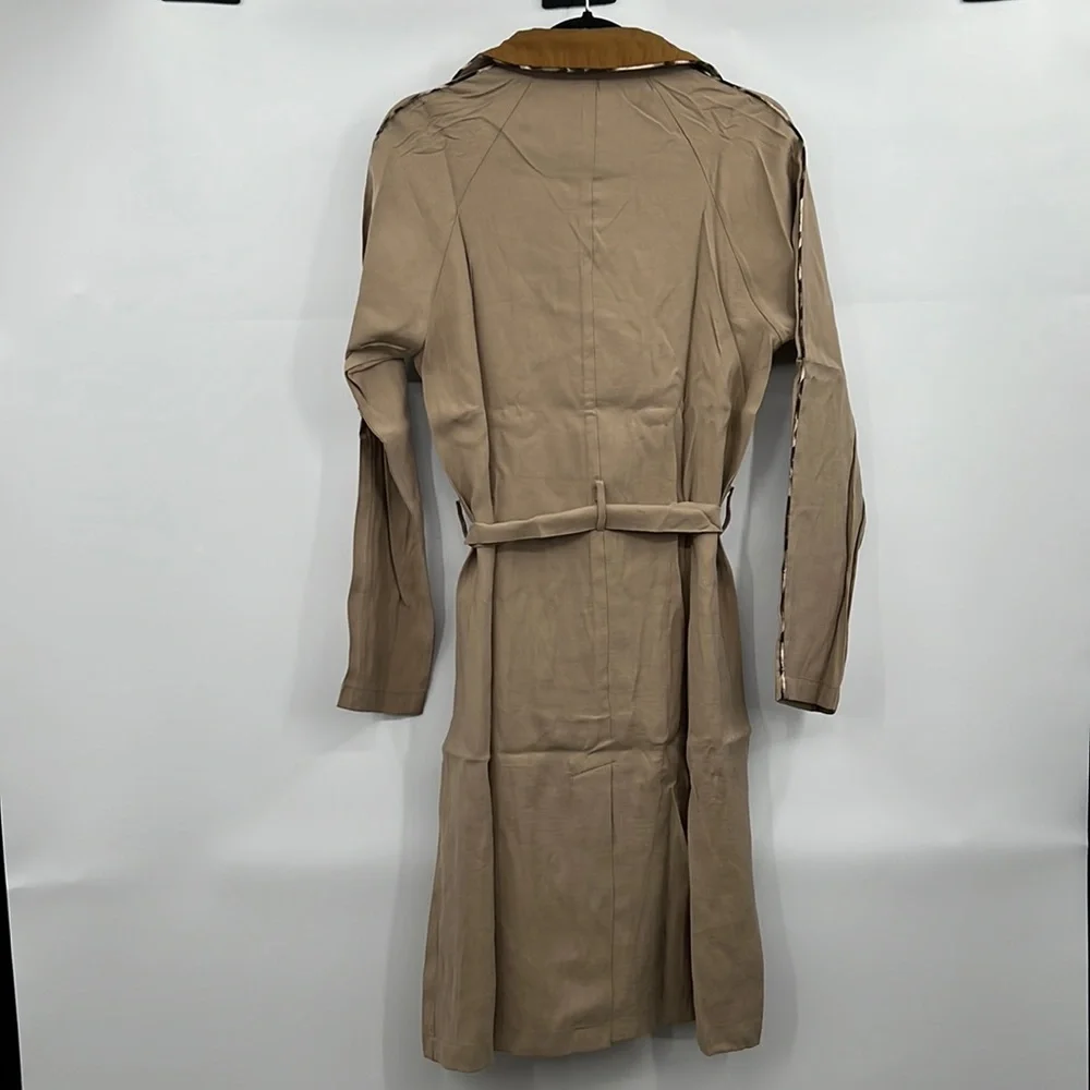 NWT Mystree Trench Coat Khaki Mustard Belted Pockets Flowing Detailed Piping - Picture 11 of 13